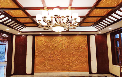 宿松中式别墅客厅中式木作横梁吊顶装饰展示